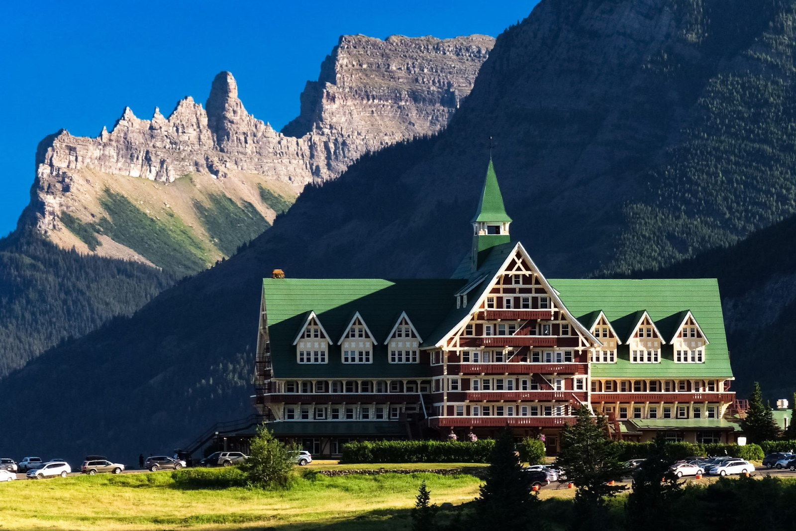 The historic Prince of Wales Hotel perched on a hill overlooking the lake in Waterton.